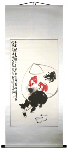 Katze und Goldfisch Rollbild Aquarell von Huang Qiu Sheng