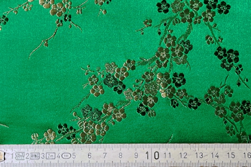 China Seidenstoff Kirschblüte grün glänzend /gold - Meterware - SKI22