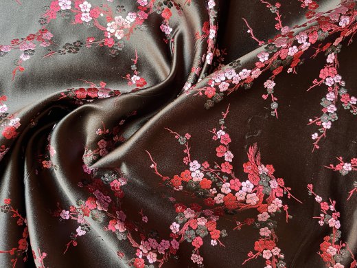 China Seidenstoff Kirschblüte schwarz rot rosa - Meterware