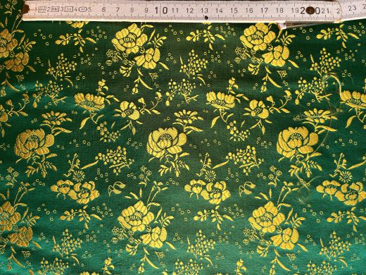Brokat Seidenstoff Chrysantheme grün/gelb  - Meterware