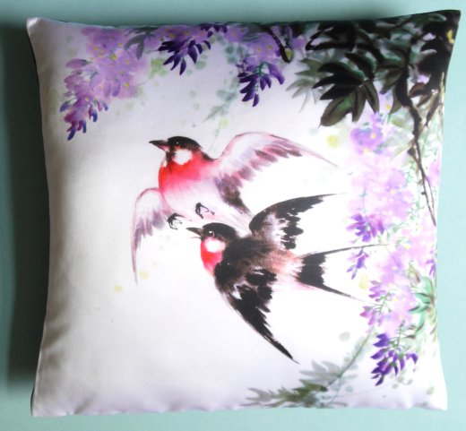 Kissenhülle Bird IV Blüten und Vogel 45 x 45 cm Satin - KSB04