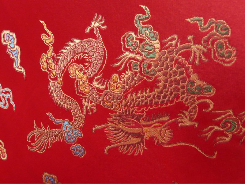 Chinesischer Jacquardstoff Drache und Phoenix gold Meterware